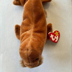 Ty product Tusk the Walrus is about 5 inches long, colored brown.